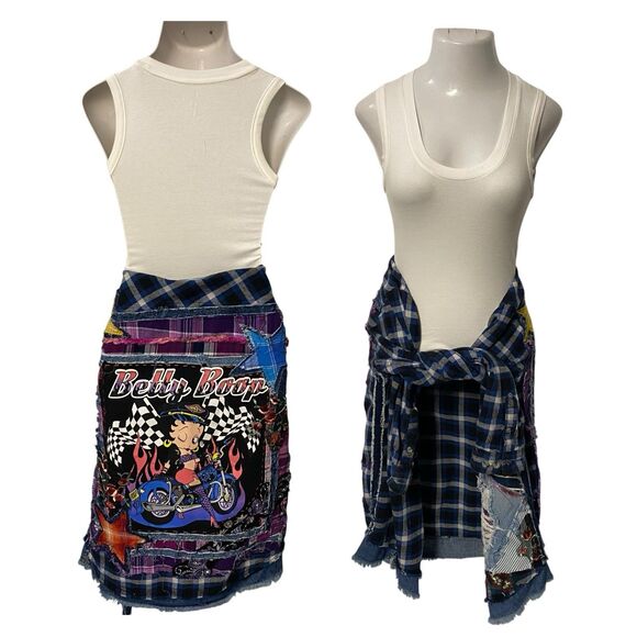 Upcycled Flannel Shirt Shacket Womens 1X Boop Motorcycle Grunge Patchwork Art - Picture 7 of 16